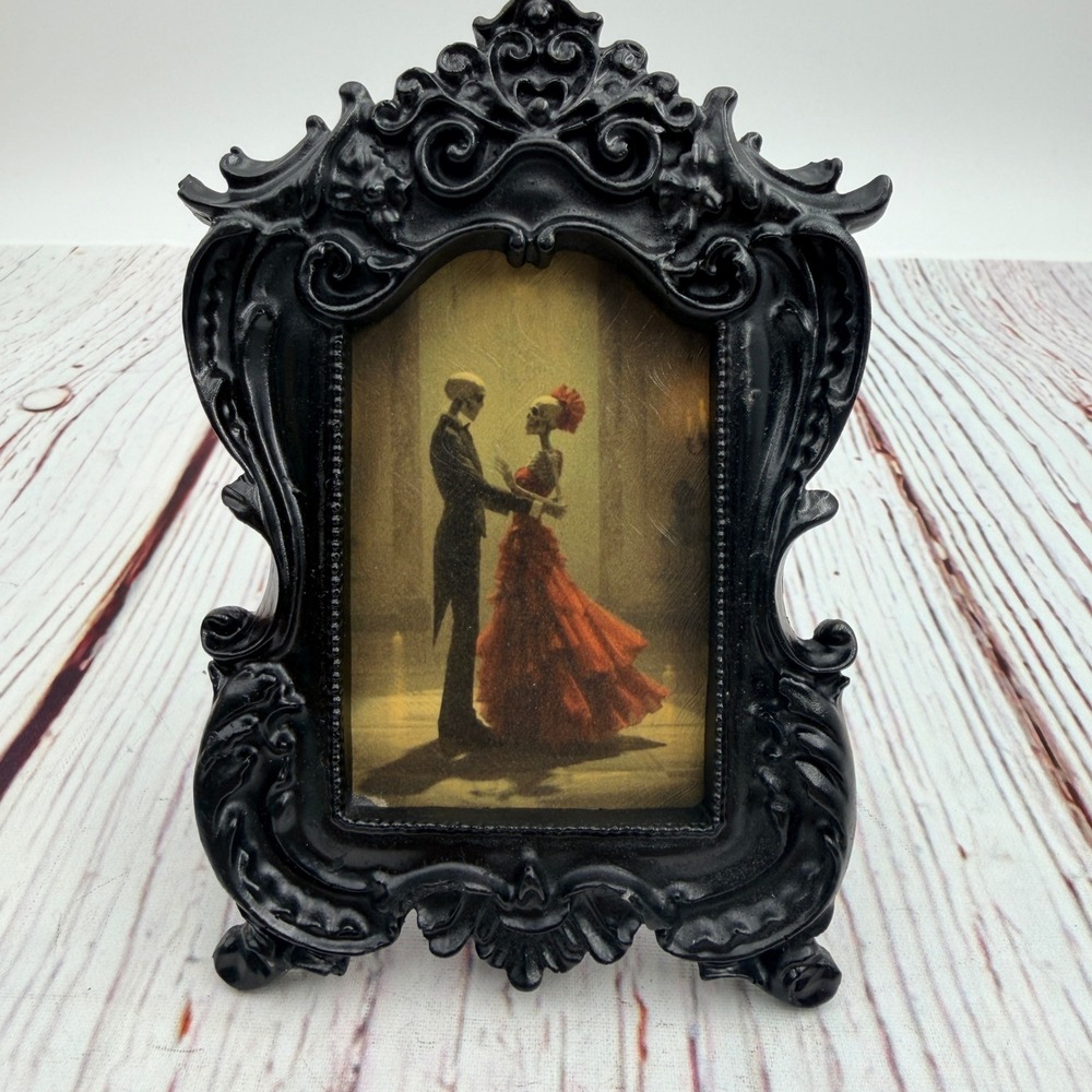 Gothic Skeleton Couple Dancing Art Print in Ornate Black Resin Frame